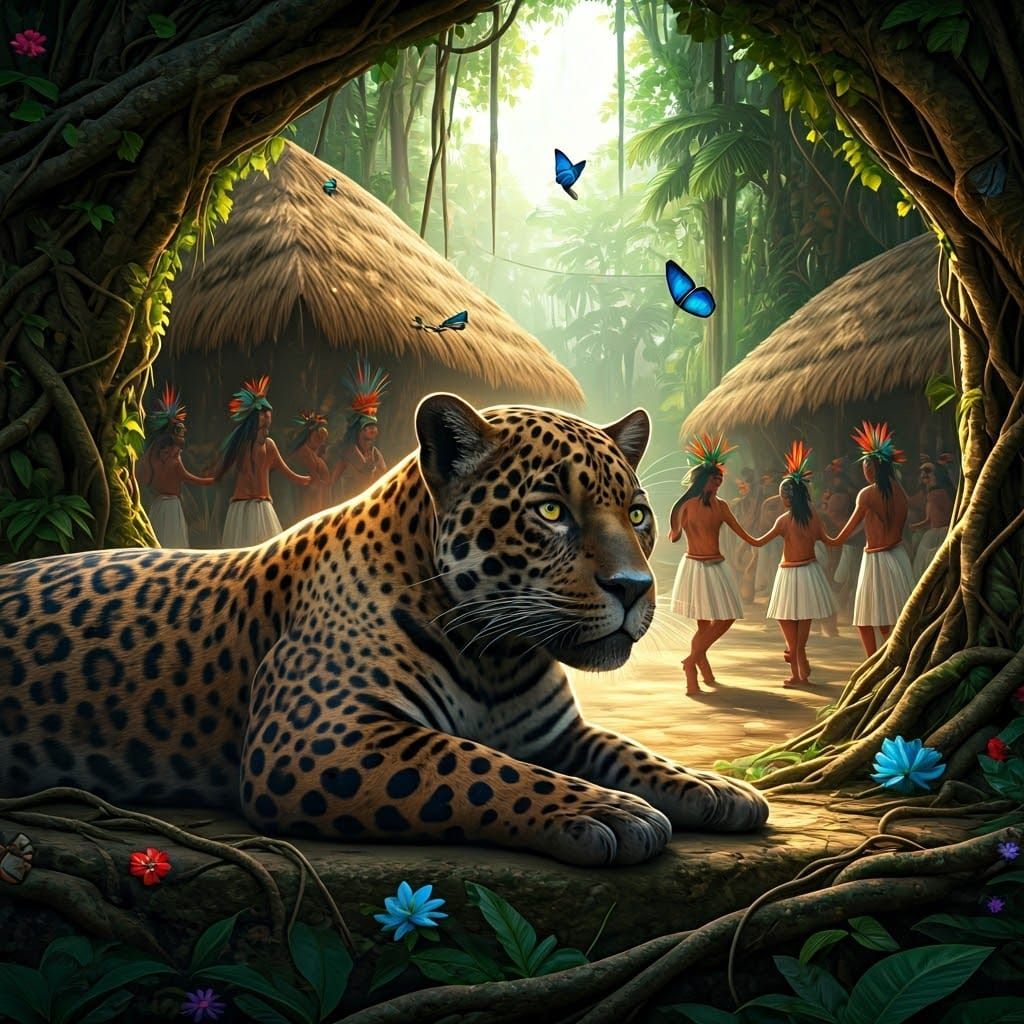 Sacred Jaguar in Vibrant Jungle Dance