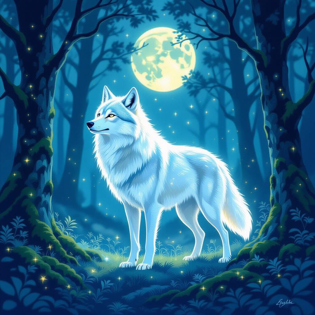 Starlight Wolf in Moonlit Forest, Art Nouveau