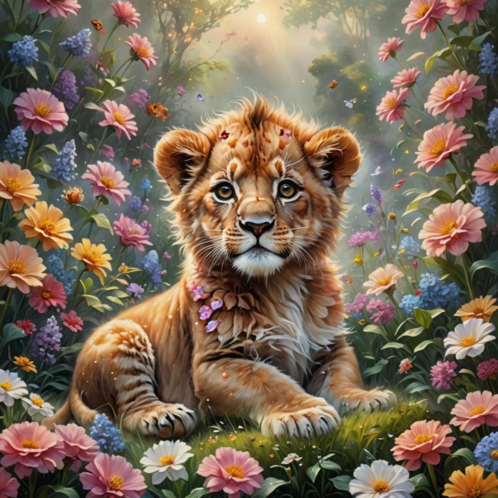 Lion in a Garden of Blooming Flowers, as Envisioned by Thoma...