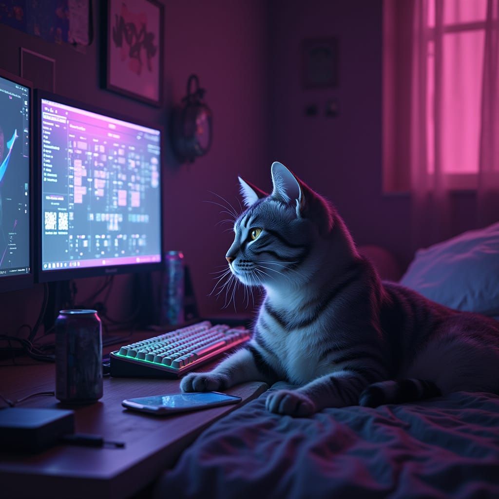 Serene Cat in Cyberpunk Bedroom Chaos