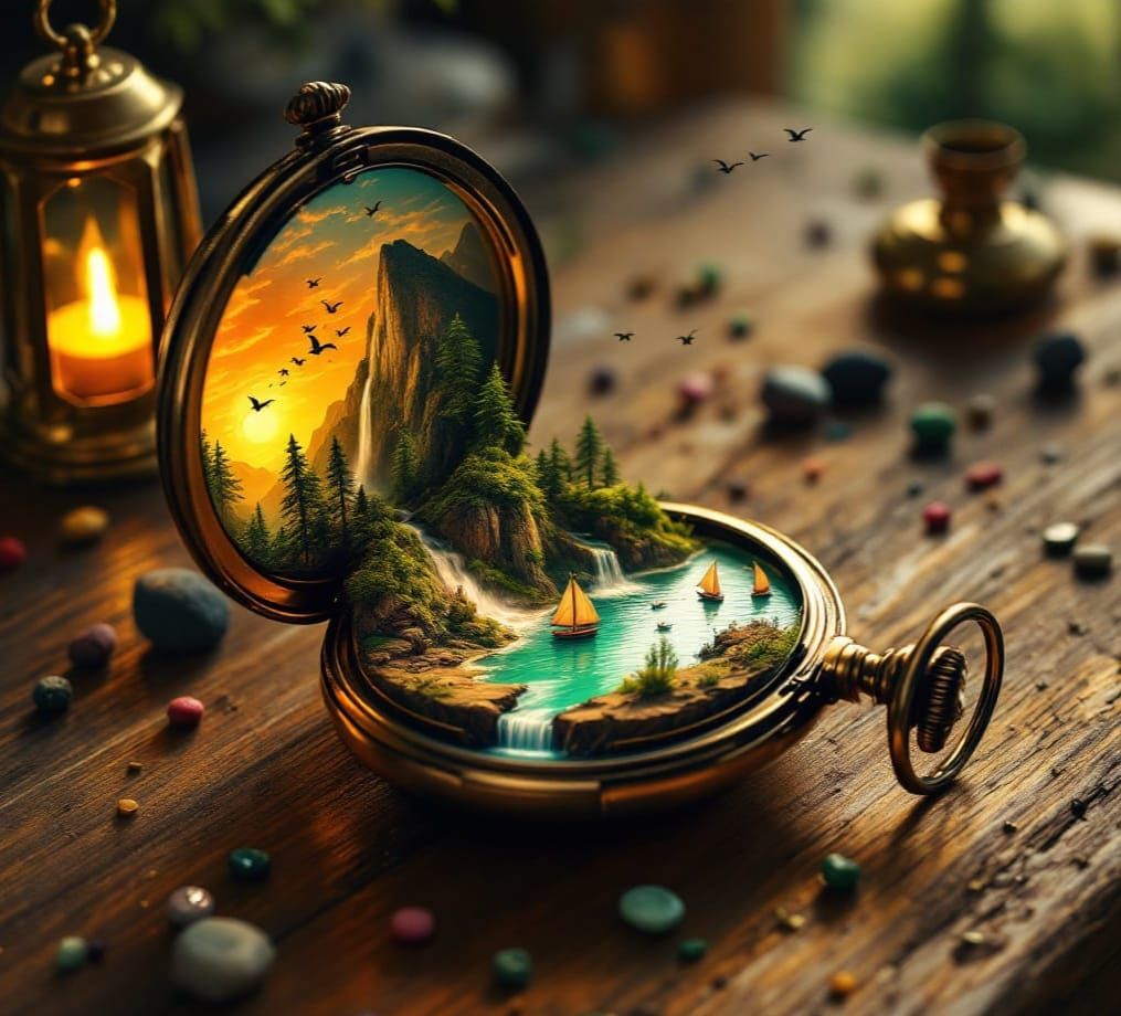 Surreal Pocket Watch Reveals Miniature World at Sunset
