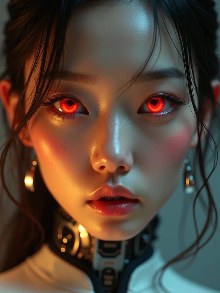 Cyborg Beauty with Piercing Red Eyes