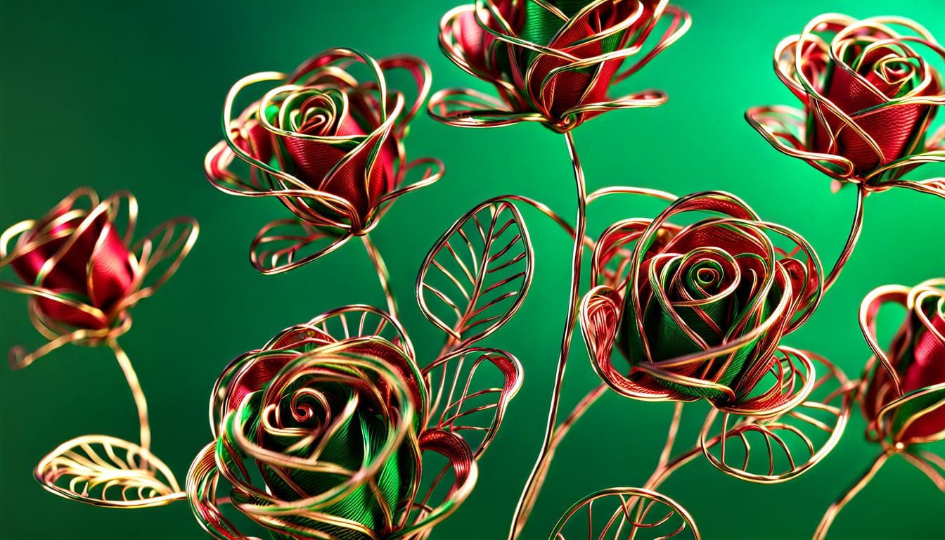 Detailed Wire Sculpture of a Rose Bush