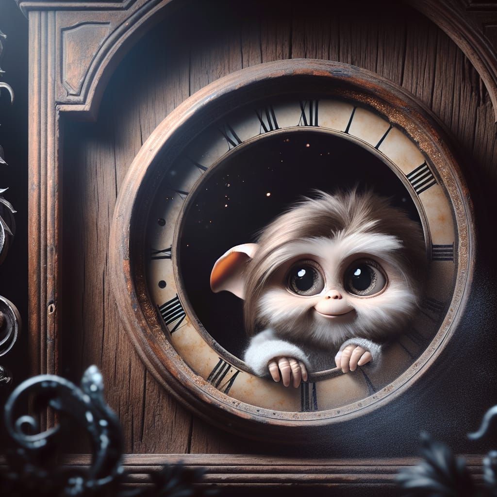 mujer Gizmo peeking out from inside a creaky old grandfather clock. Adorable face framed by spooky clock hands, dust par...