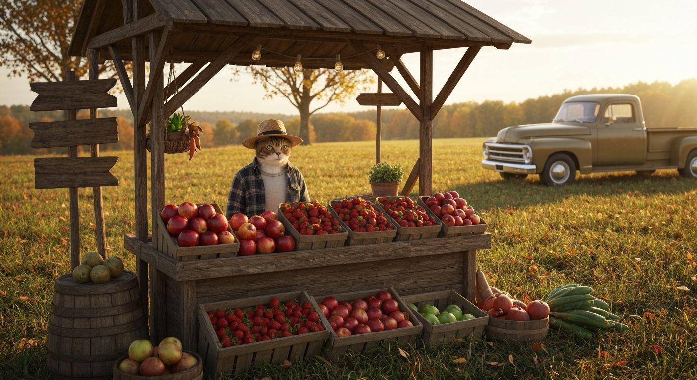 Tabby Cat Farmer Selling Produce in Autumn Light