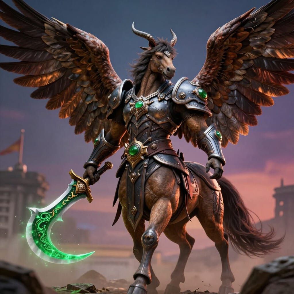 Hyperrealistic Centaur Warrior with Angelic Wings