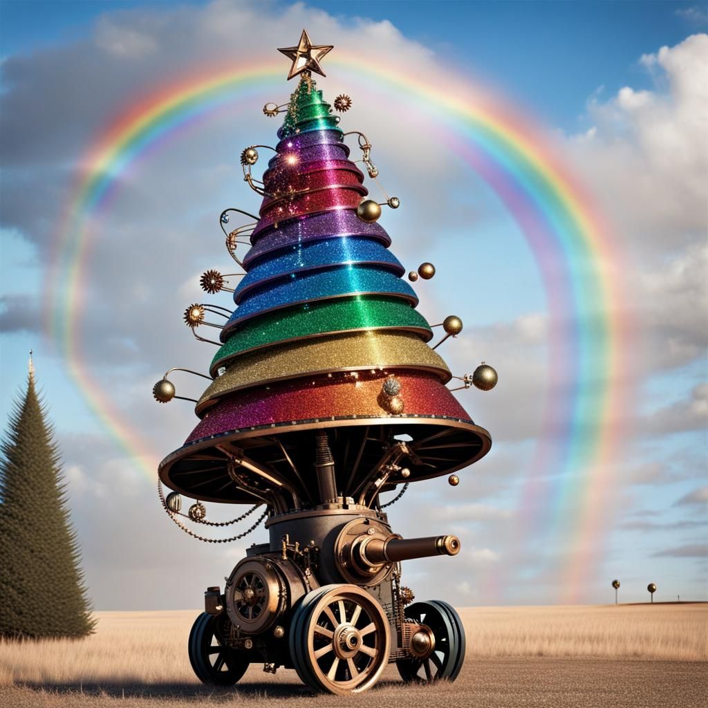 Surreal Steampunk Christmas Tree Dances in Glittering Rainbo...