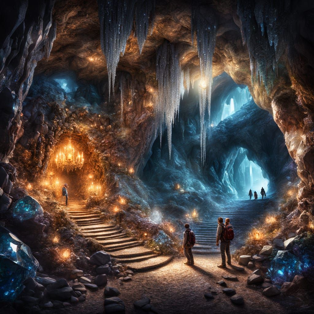 Adventurers into a cave of sparkling glittery gems aglow