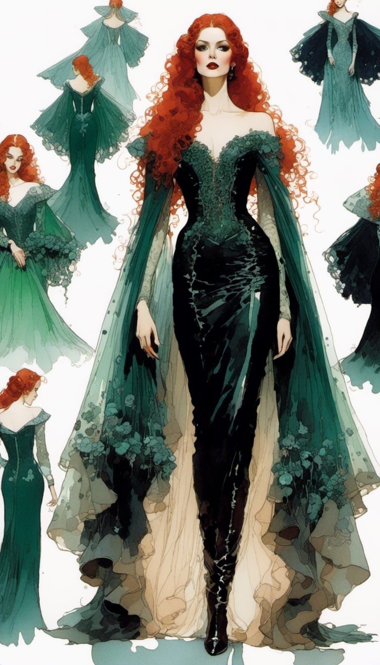 Ethereal Vampiress in Green Gown with Stars and Lace