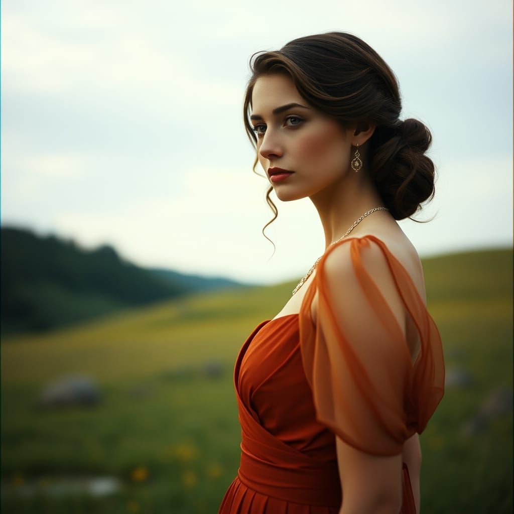 Elegant Woman in Serene Landscape, Cinematic Film Still