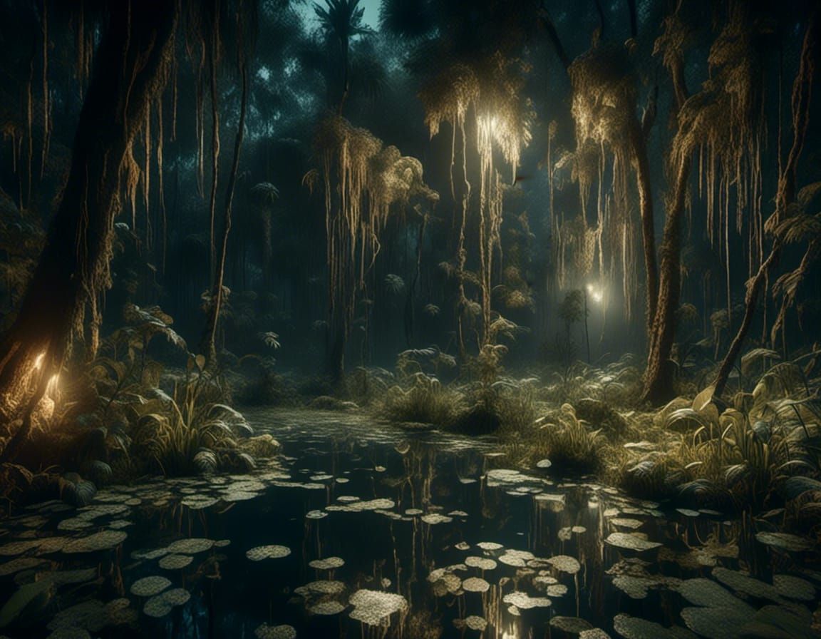 <lora:SuperHyperrealism:1.0> <lora:Macabre:1.0> Jungle Swamp at Night By artist "anime", 3d anime art, inspired by WLOP,...