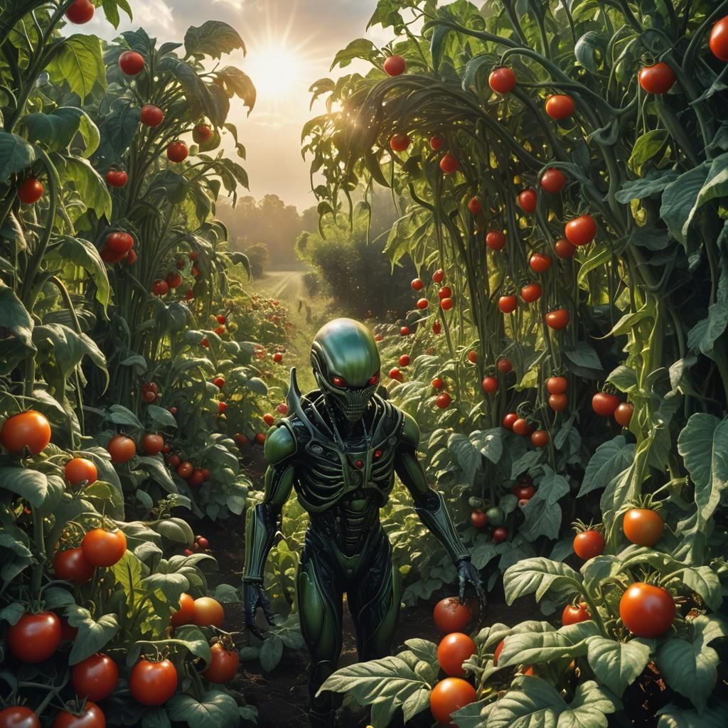 Ethereal Alien Invasion Amidst Vibrant Tomato Patch