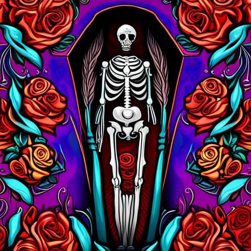 Surreal Skeleton Blooms with Roses in Dark Digital Art