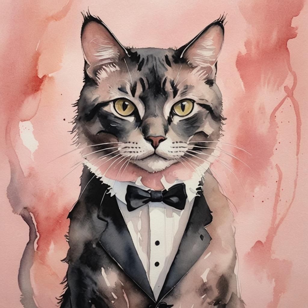Elegant Tuxedo Cat in Pastel Pink Hues