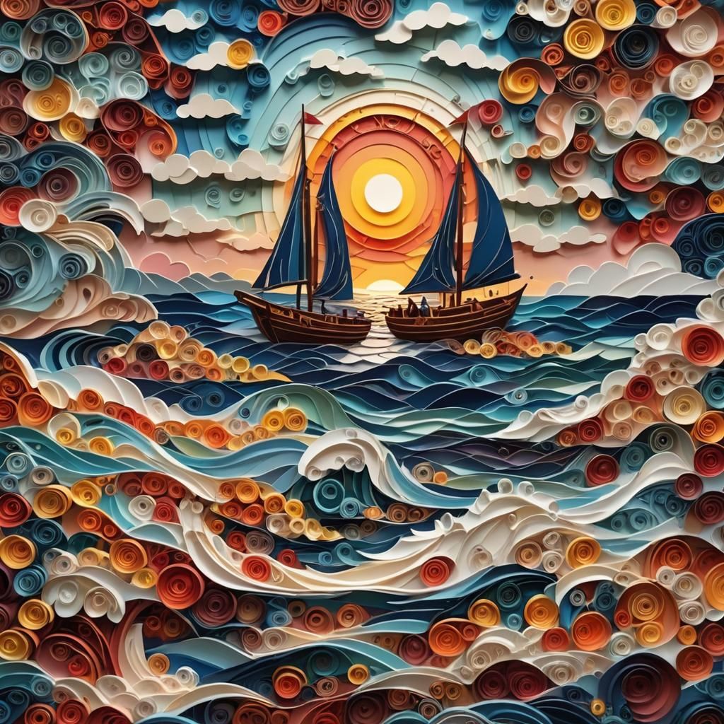 Surreal Sunset with Byzantine Mosaic Boat on the Ocean