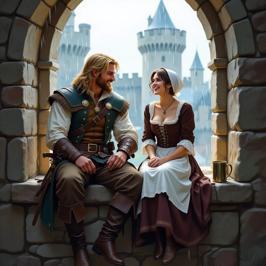 Medieval Couple Laughing in Castle Rain