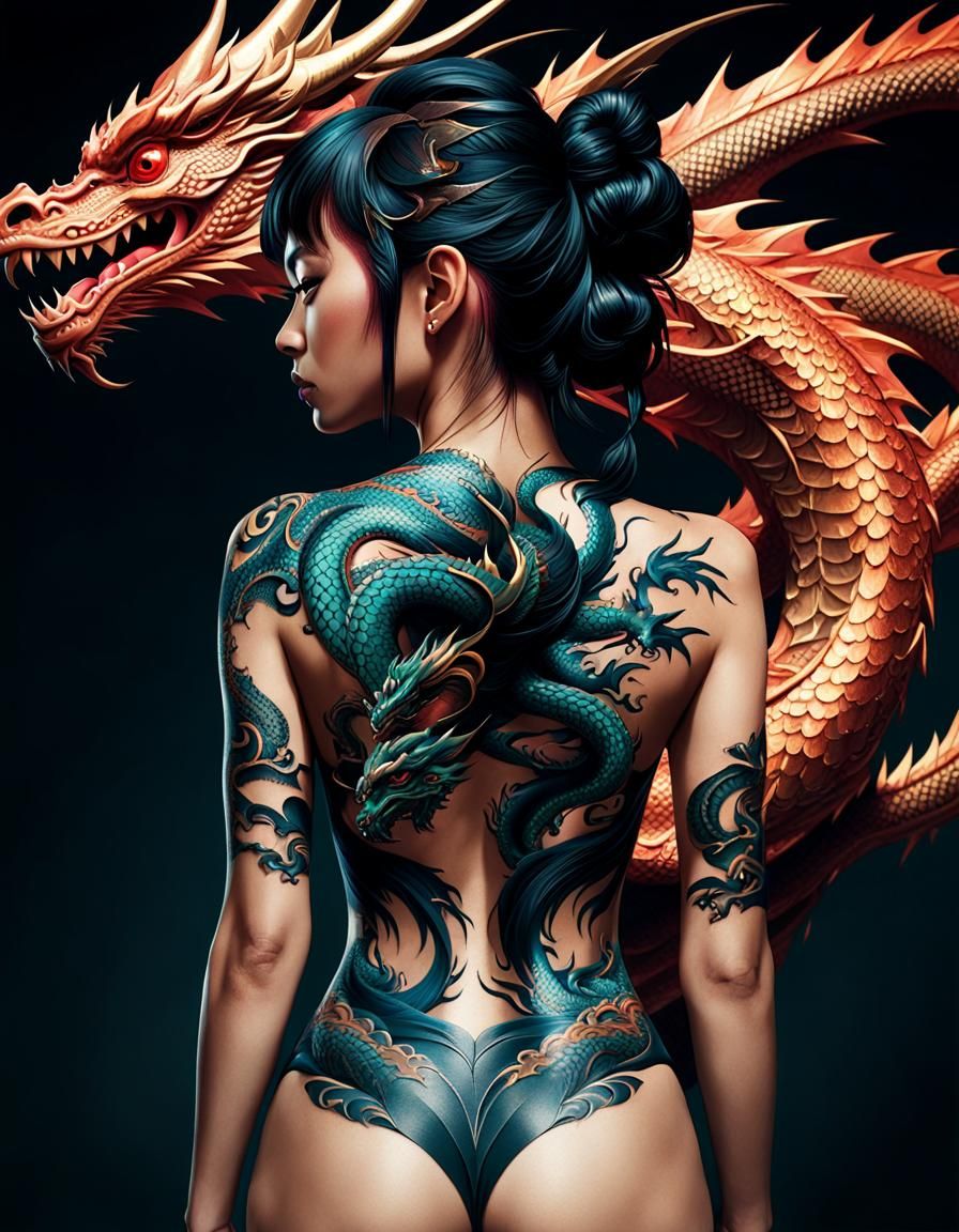 Fantasy Asian Woman with Dragon Tattoo in Vibrant HDR