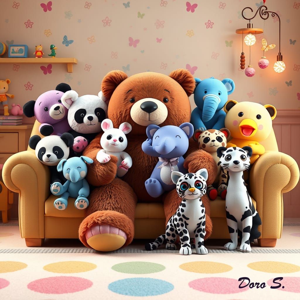 Whimsical Plush Friends on a Child's Sofa