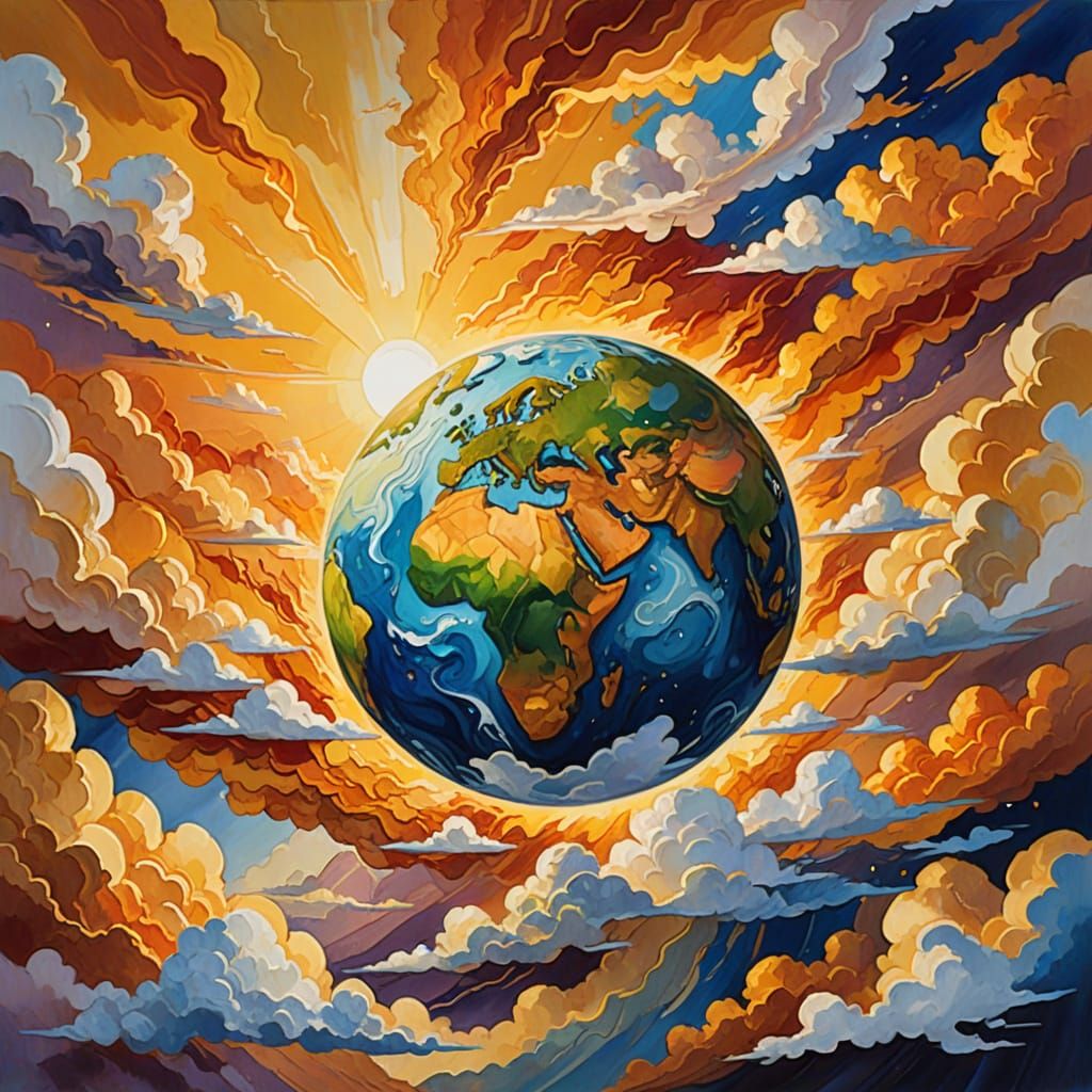 God Holds Earth: Gouache Painting with Golden Light