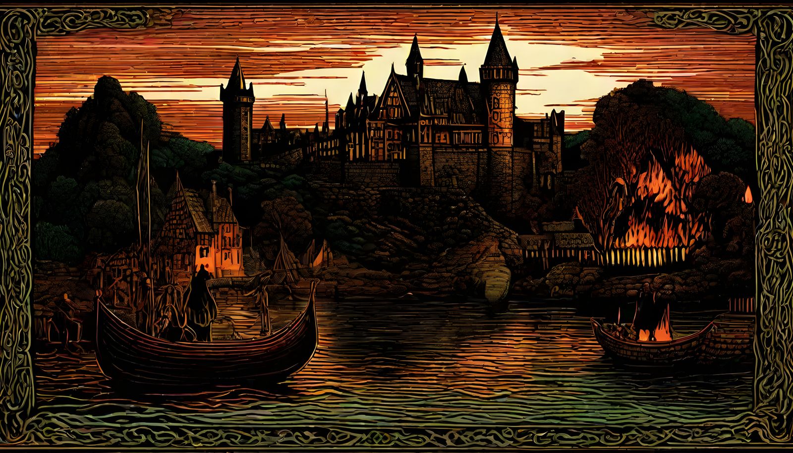 Medieval Celtic Fantasy Scene in Dark Woodcut Style