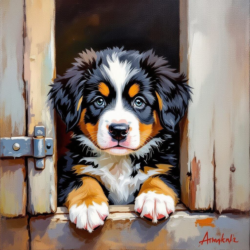 Bernese Puppy at Stable Door in Impasto Oil Paint