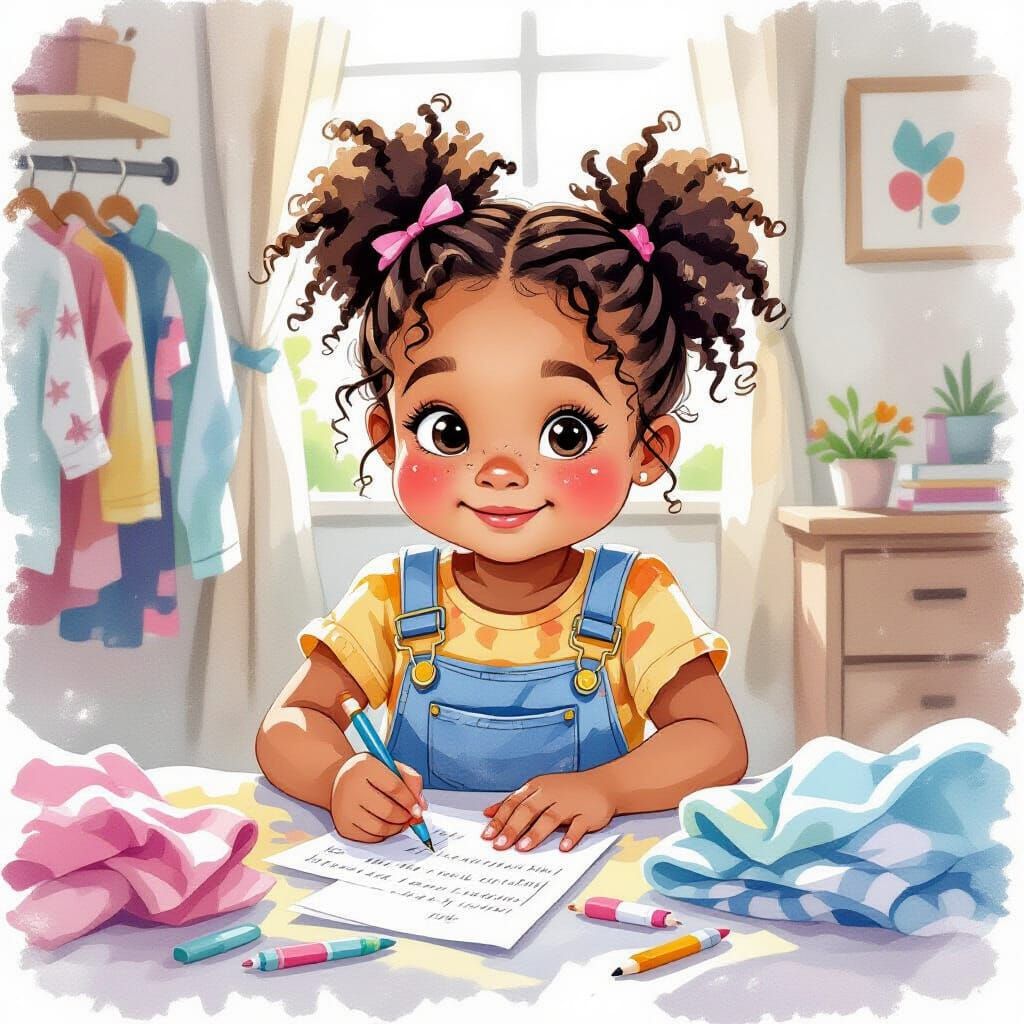 Joyful Girl Decluttering, Expressive Watercolor Style