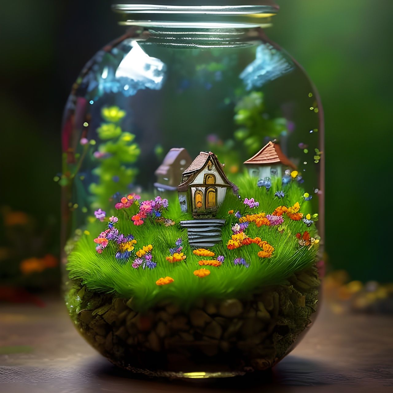 Vibrant Miniature Village Overgrown with Colored Flowers in...