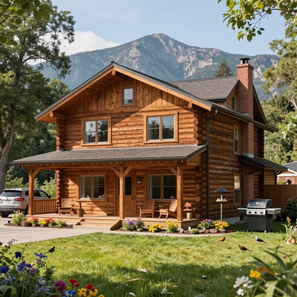 Photo-Realistic Log Cabin on Sunny Day with Mountain Views