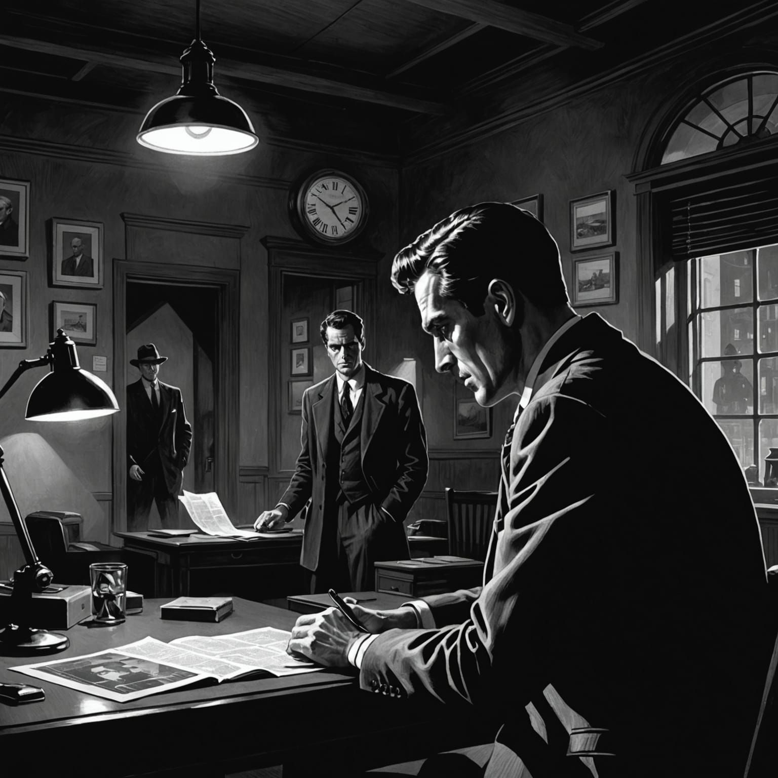 Noir Illustration of a Seeker Investigating Truth