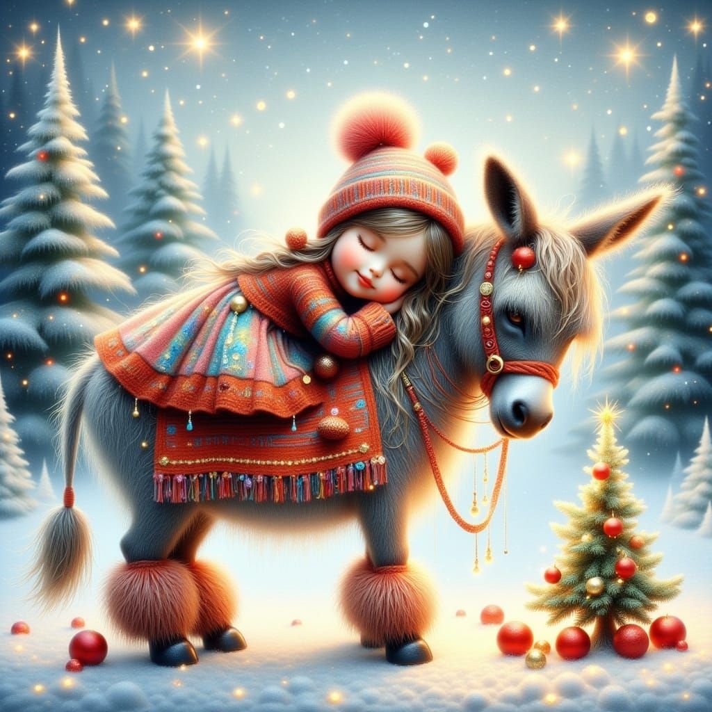 Dreamy Winter Scene: Girl Asleep on Donkey, Watercolor Textu...