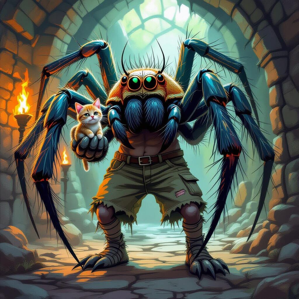 Giant Spider Holds Cat in Torchlit Dungeon