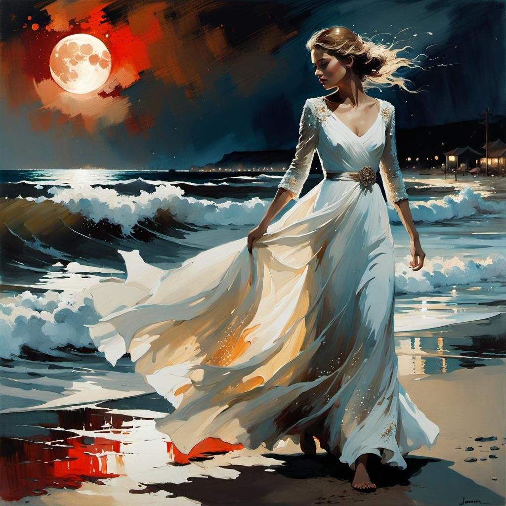 Elegant Crying Woman Strolls Along Midnight Beach Under Bloo...