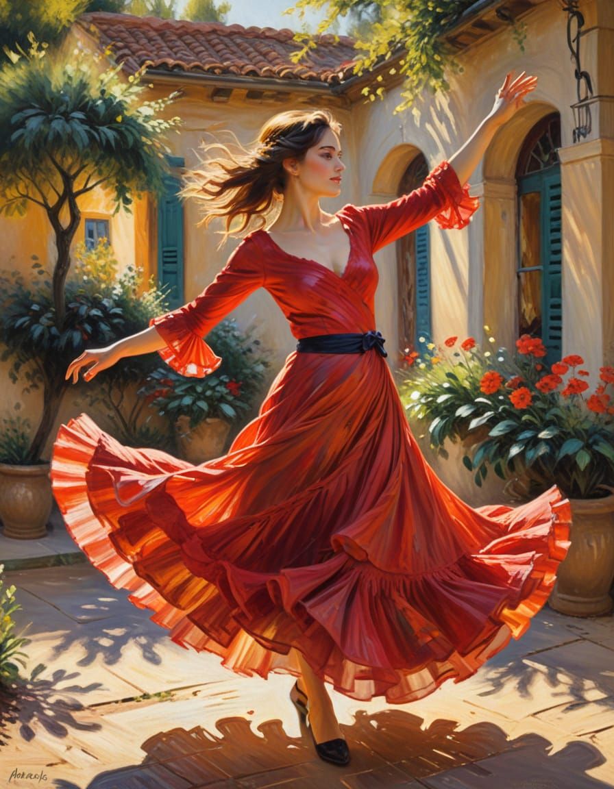 Vibrant Flamenco Dancer in Sunlit Courtyard