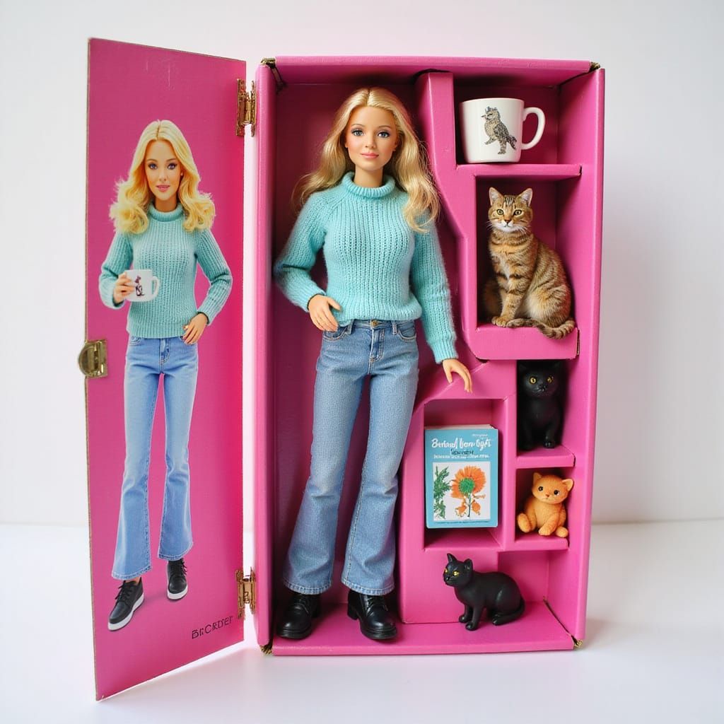 80s Action Figure Girl with Cats and Bird Accessories