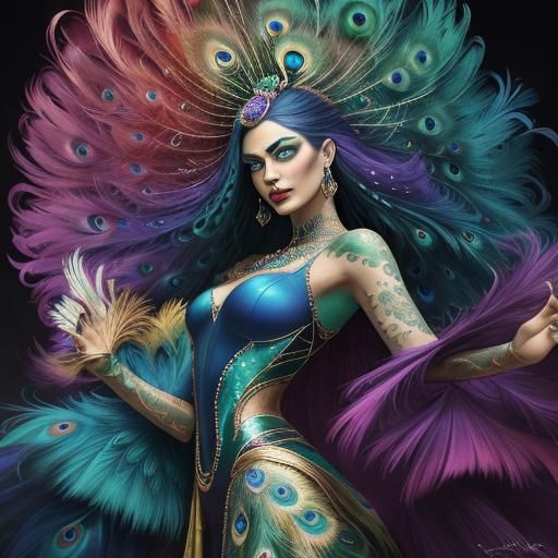Majestic Woman in Vibrant Colors with Peacock Feathers and S...