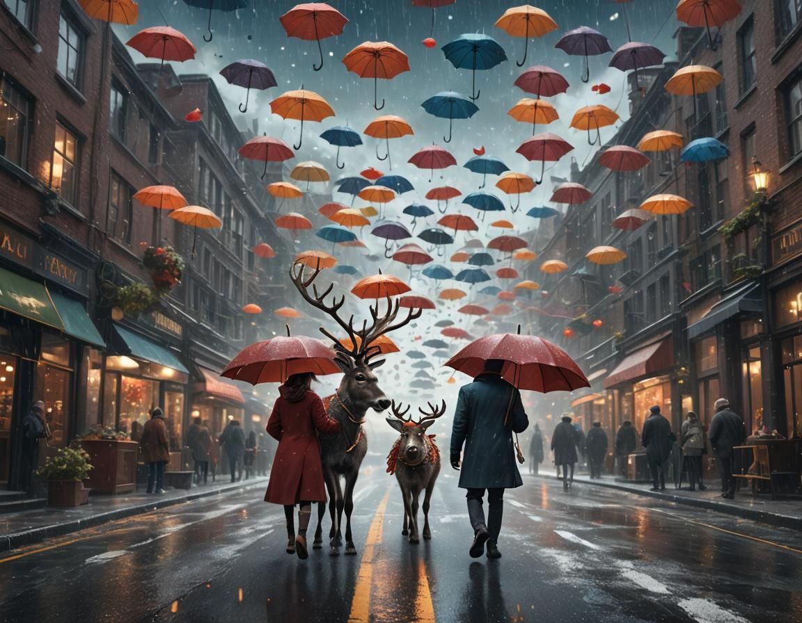 Magical Reindeer Soar Over Rainy City Streets in Vibrant Fan...