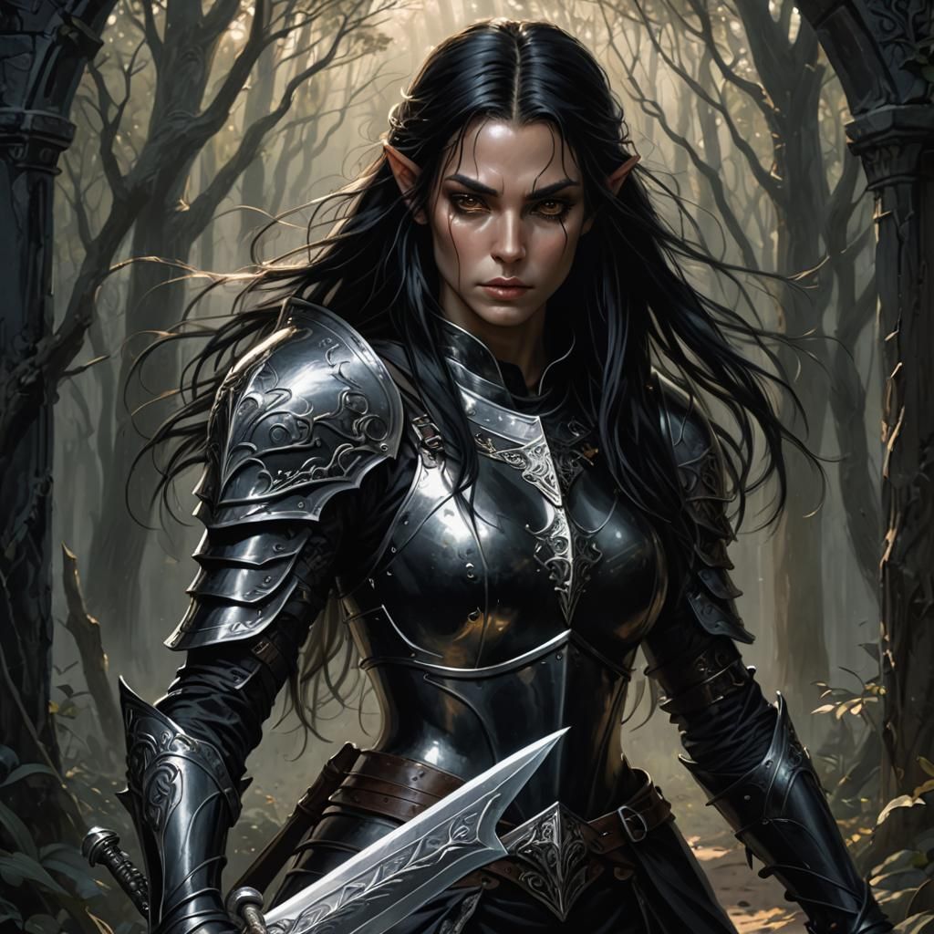 A Female Elven Shadow Knight In Black Armor. Long black hair...