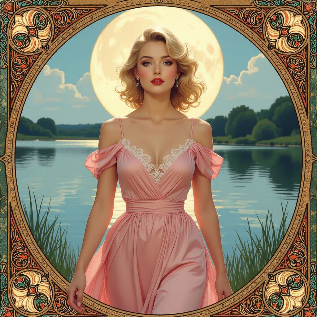 Woman in Silk Dress by Lake, Hyperrealistic Art