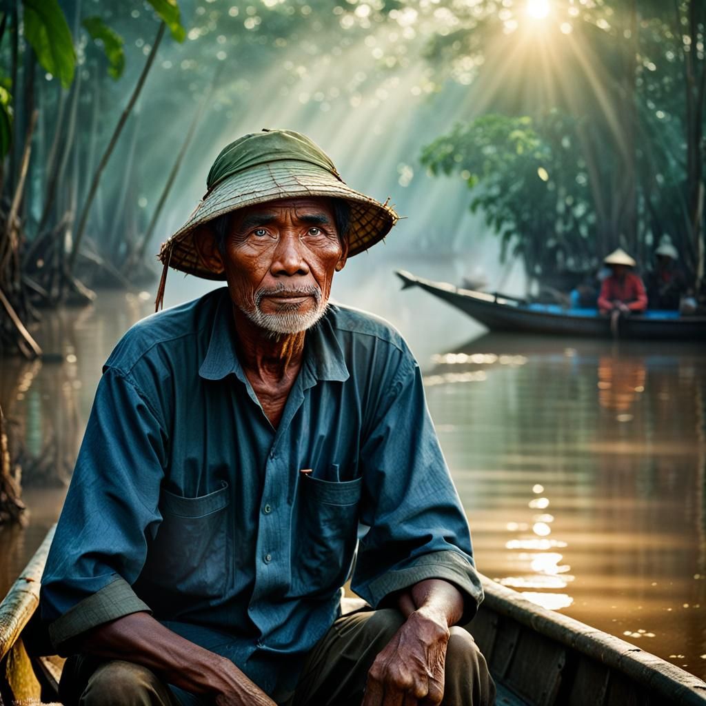 Portrait of a Mekong Delta Fisherman in Soft Sunlight