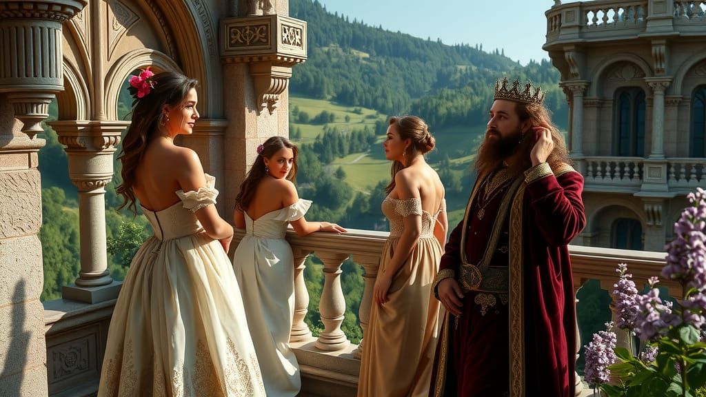 Elegant Fantasy Castle Balcony with BBW Women in Renaissance...