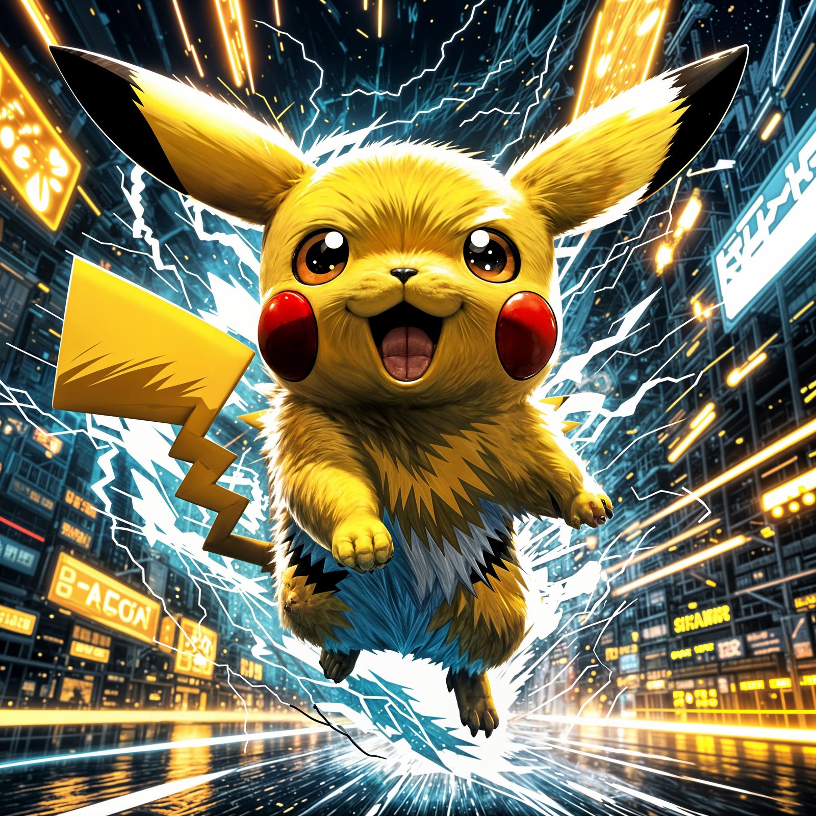 Energetic Pikachu Soars Through the Stormy Sky