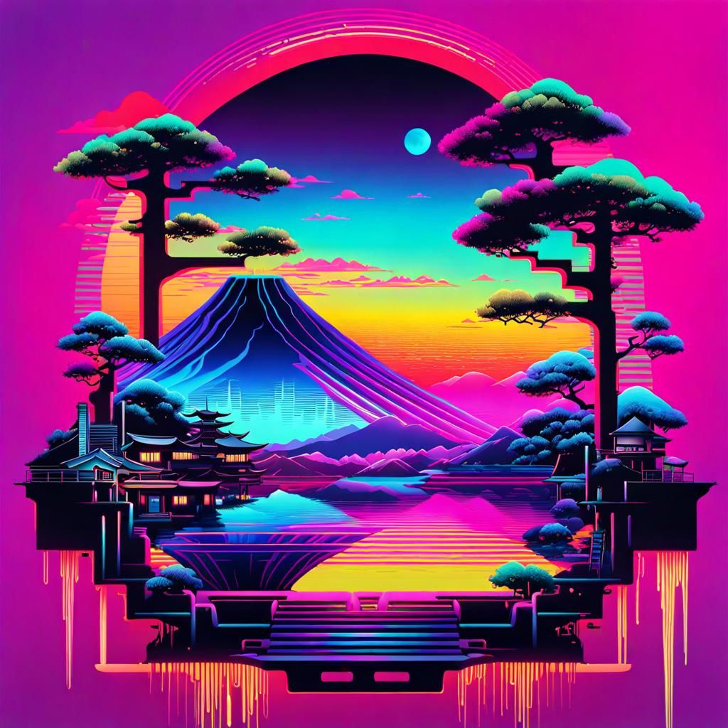 Vibrant Neon Dreamscapes in Retro Japanese Style