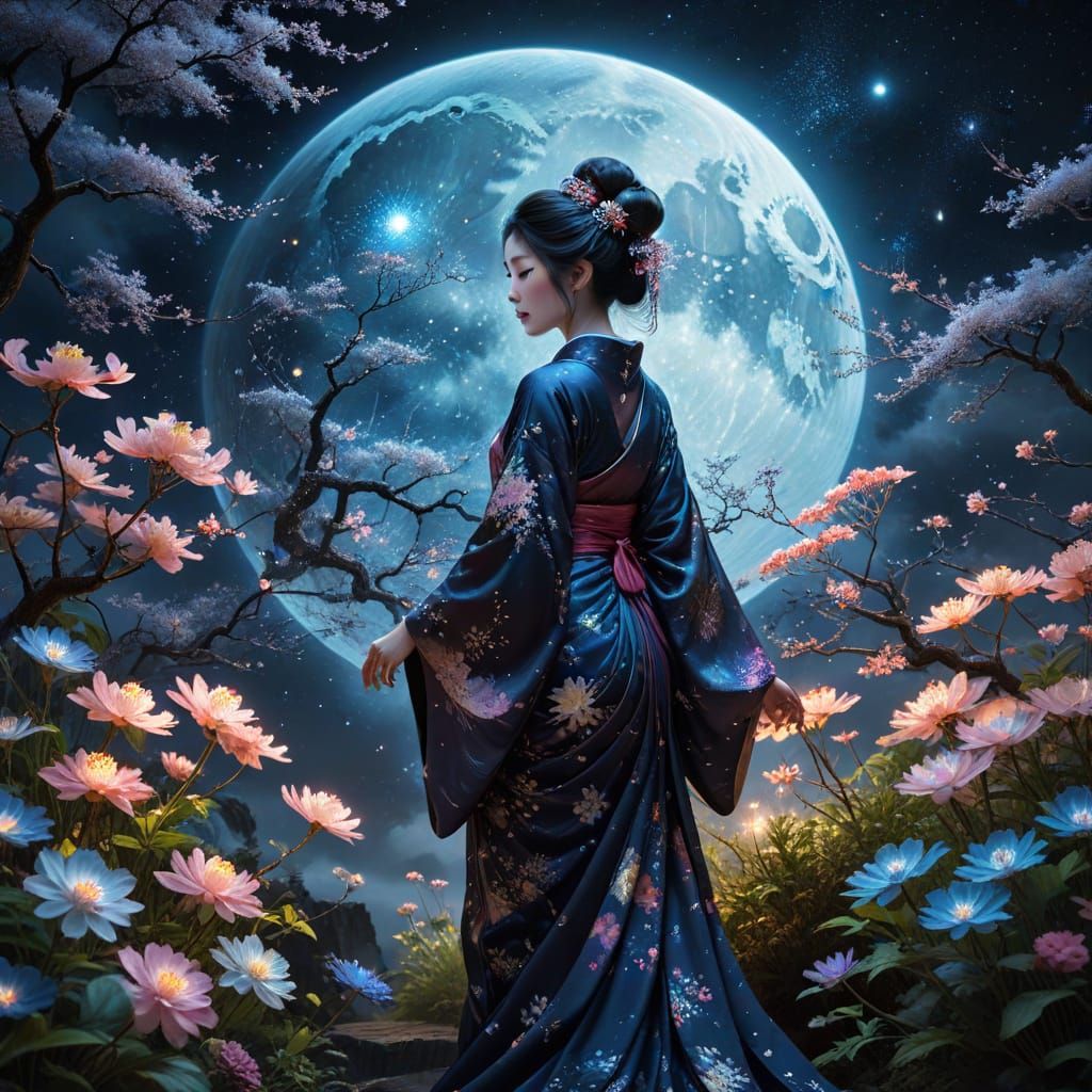 Celestial Geisha Tends Bioluminescent Garden Under Cosmic Sk...