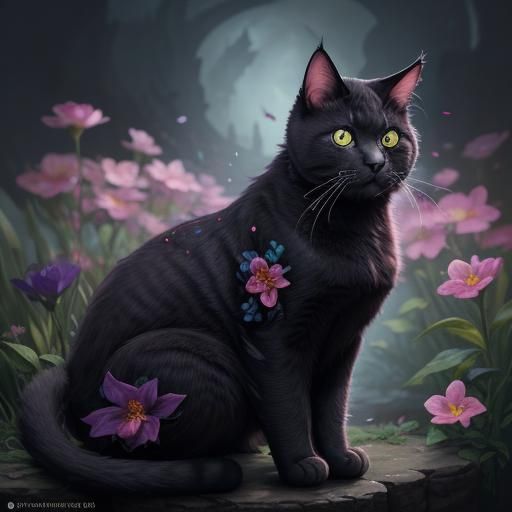 Cyberpunk Cat Enjoys Fanciful Bloom in Deep Color