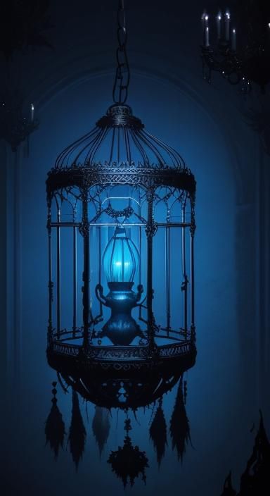 Dark Abyss Monster in Eerie Blue Light Chandelier Cage