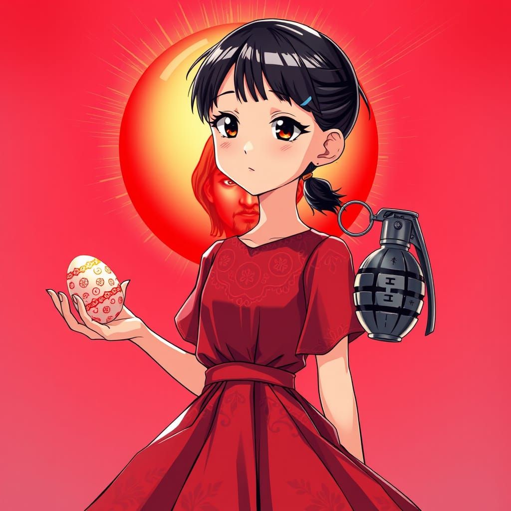 Anime Girl with Easter Egg and Hand Grenade in Vibrant Red D...