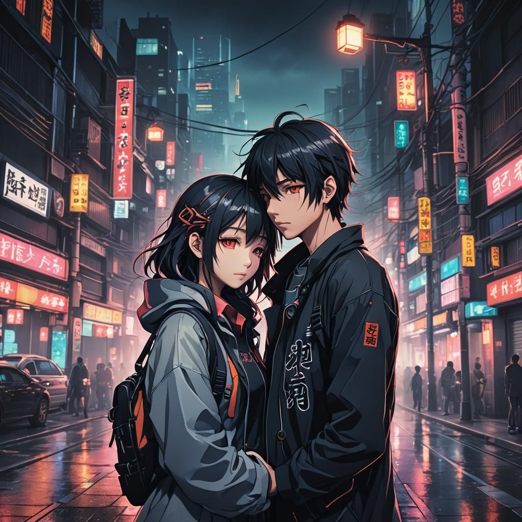 Dark Emo Couple Embracing in Neon-Lit City Streets, Japanese...