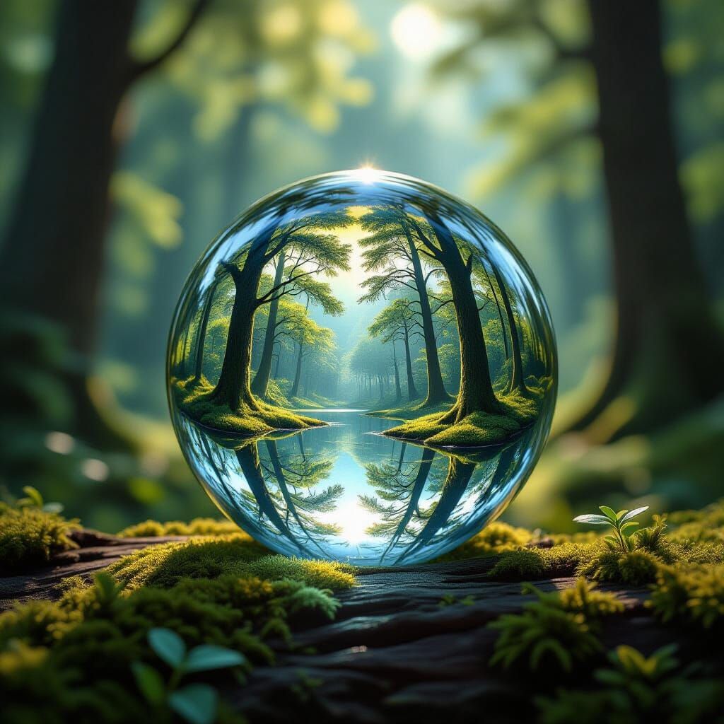 Mystical Forest Reflected in Glass Ball