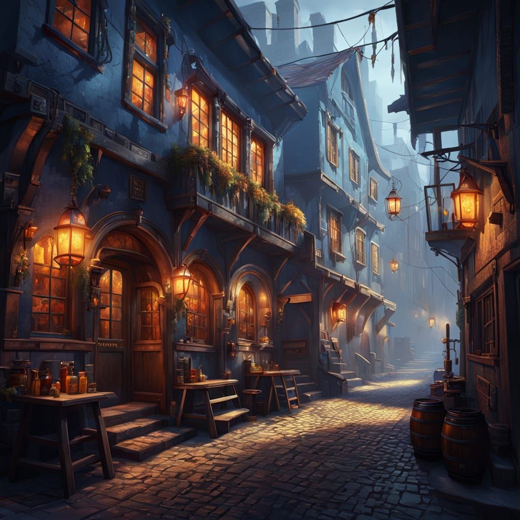 Fantasy Tavern Alleyway in Vibrant Oil Painting Style