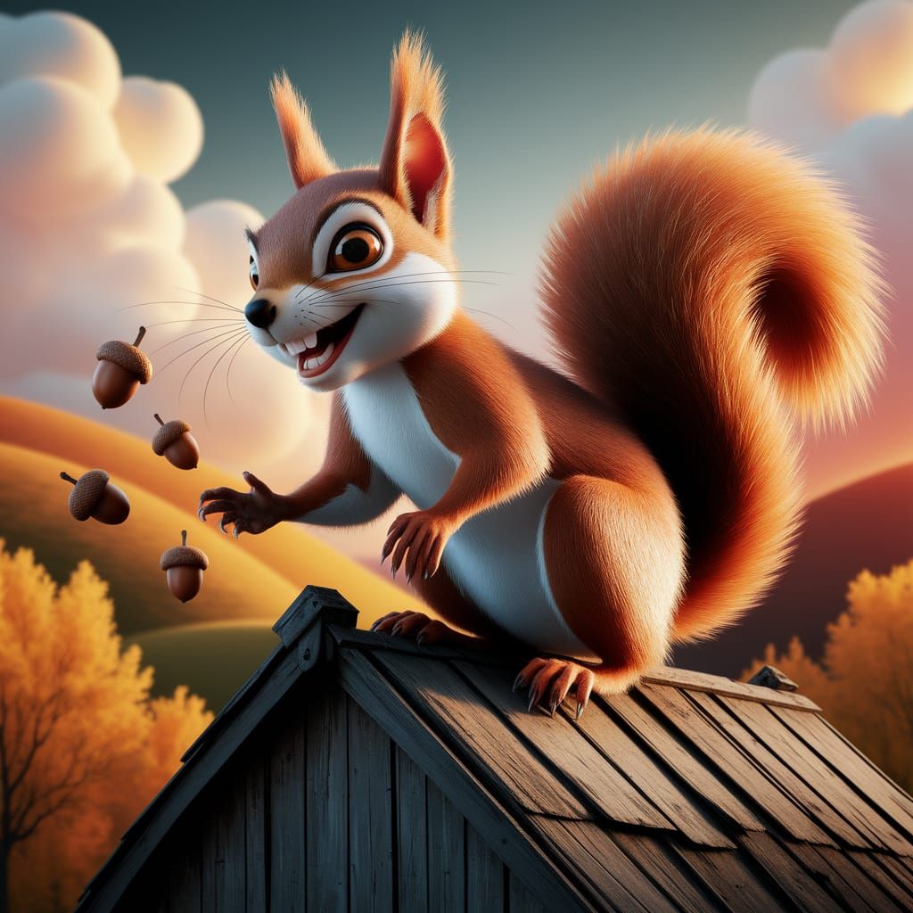 Mischievous Squirrel's Acorn Attack in Fantastical Style